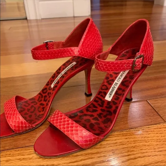 Manolo Blahnik Red Snakeskin Heeled Sandals