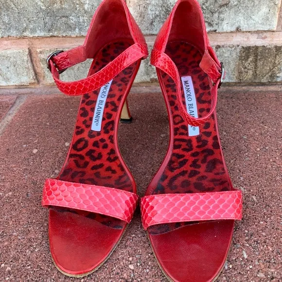 Manolo Blahnik Red Snakeskin Heeled Sandals