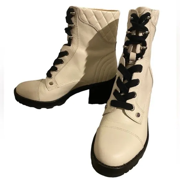 Marc Fisher Leather Combat Boots In Ivory Wyomi Style