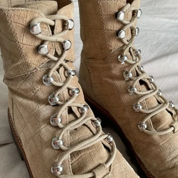 Marc Fisher Lizzie 2 Lace-up Snake Embossed Suede Combat Boots Womens 9M Grunge