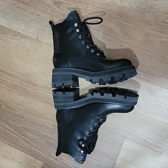 Marc Fisher LTD. Women's Lucien Black Leather Lace Up Combat Boots