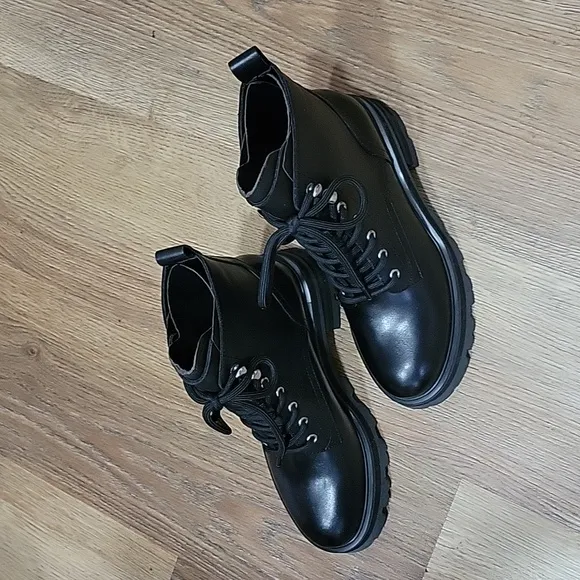Marc Fisher LTD. Women's Lucien Black Leather Lace Up Combat Boots