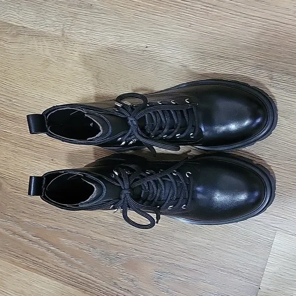 Marc Fisher LTD. Women's Lucien Black Leather Lace Up Combat Boots