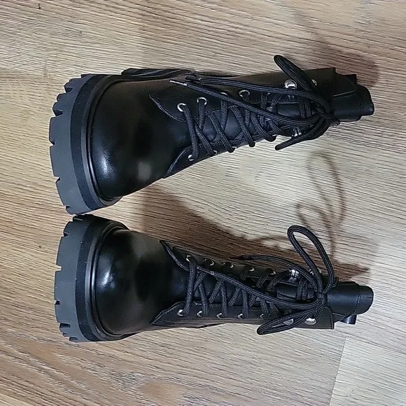 Marc Fisher LTD. Women's Lucien Black Leather Lace Up Combat Boots