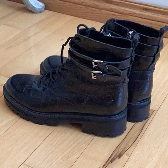 Marc Fisher MLBarren2 black leather embossed platform combat boots. Women’s 10