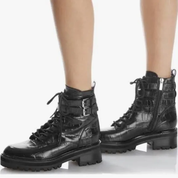 Marc Fisher MLBarren2 black leather embossed platform combat boots. Women’s 10