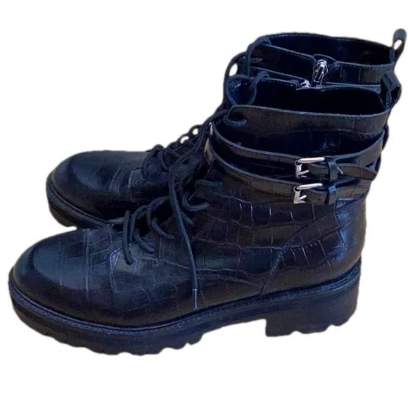 Marc Fisher MLBarren2 black leather embossed platform combat boots. Women’s 10