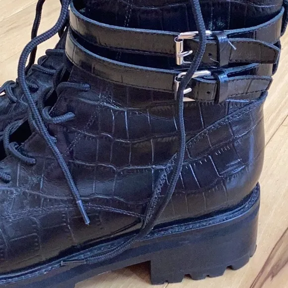Marc Fisher MLBarren2 black leather embossed platform combat boots. Women’s 10