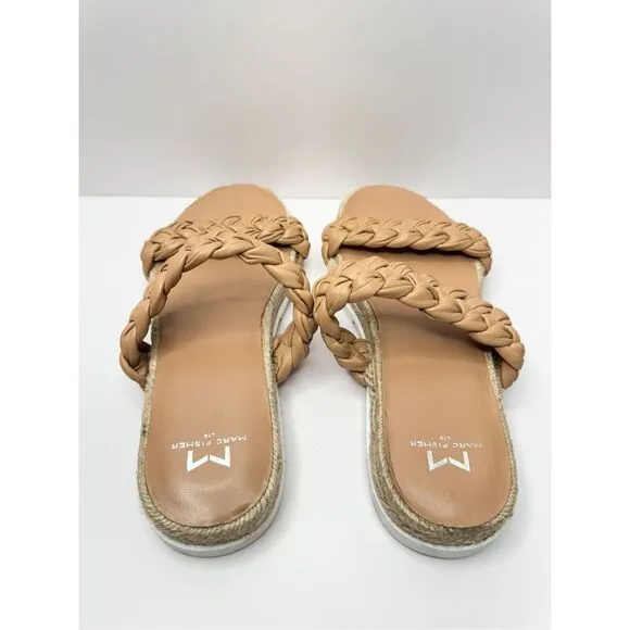 Marc Fisher Sandals Womens Size 7.5 Tan Leather Jaimee Espadrille Slide Shoes