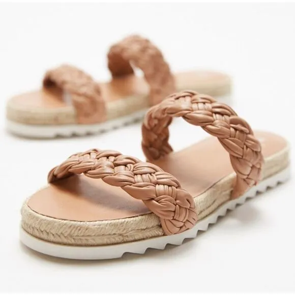 Marc Fisher Sandals Womens Size 7.5 Tan Leather Jaimee Espadrille Slide Shoes