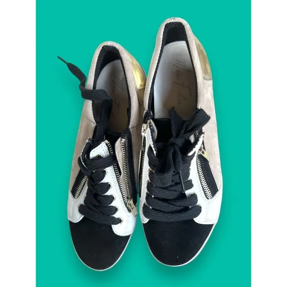 Marc Fisher Sneakers Womens Sz 10M Black Tan Leather Suede Lace Up Gold Zipper