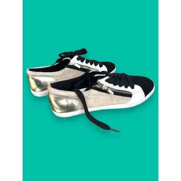 Marc Fisher Sneakers Womens Sz 10M Black Tan Leather Suede Lace Up Gold Zipper