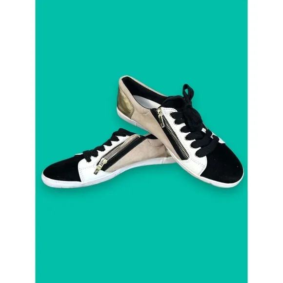 Marc Fisher Sneakers Womens Sz 10M Black Tan Leather Suede Lace Up Gold Zipper