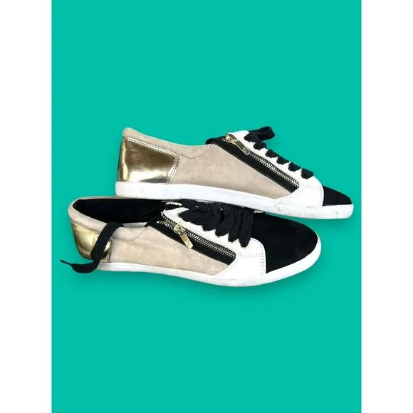 Marc Fisher Sneakers Womens Sz 10M Black Tan Leather Suede Lace Up Gold Zipper