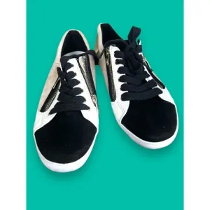 Marc Fisher Sneakers Womens Sz 10M Black Tan Leather Suede Lace Up Gold Zipper