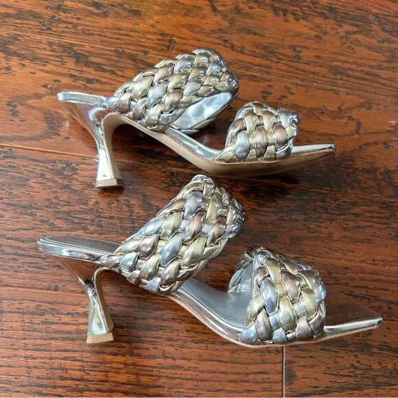 Marc Fisher Toree Braided Slip-on Heeled Sandals Silver and Gold Metallic US 10