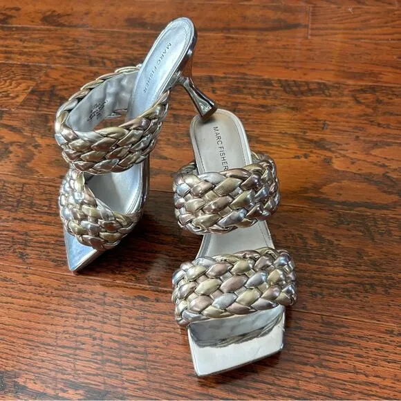 Marc Fisher Toree Braided Slip-on Heeled Sandals Silver and Gold Metallic US 10