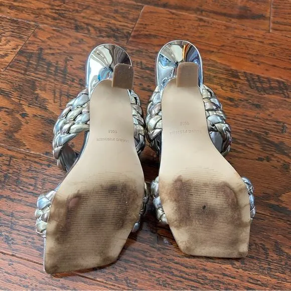 Marc Fisher Toree Braided Slip-on Heeled Sandals Silver and Gold Metallic US 10