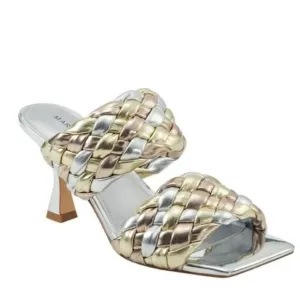 Marc Fisher Toree Braided Slip-on Heeled Sandals Silver and Gold Metallic US 10