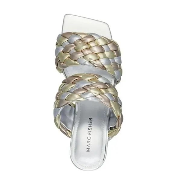 Marc Fisher Toree Braided Slip-on Heeled Sandals Silver and Gold Metallic US 10