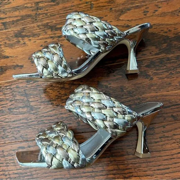 Marc Fisher Toree Braided Slip-on Heeled Sandals Silver and Gold Metallic US 10