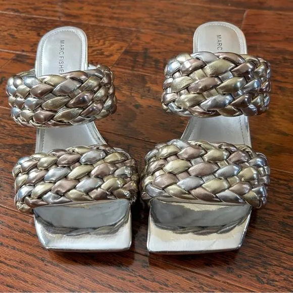 Marc Fisher Toree Braided Slip-on Heeled Sandals Silver and Gold Metallic US 10