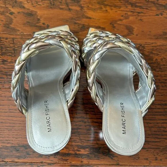 Marc Fisher Toree Braided Slip-on Heeled Sandals Silver and Gold Metallic US 10