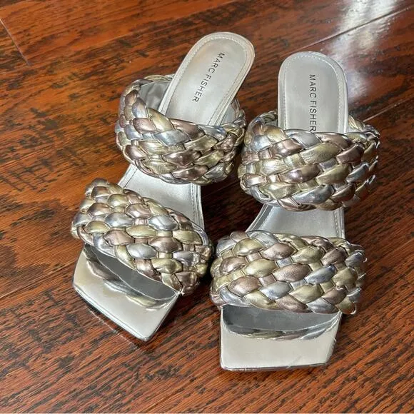 Marc Fisher Toree Braided Slip-on Heeled Sandals Silver and Gold Metallic US 10