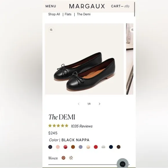Margaux “The Demi” Black Nappa Leather Ballet Flats Size 38 US