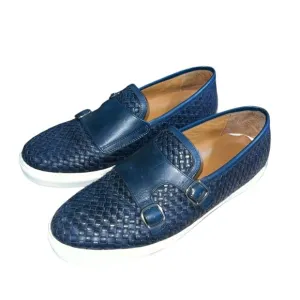 Massimo Dutti Men's Blue Double Monk Strap Woven Leather Loafers Size 11 Casual