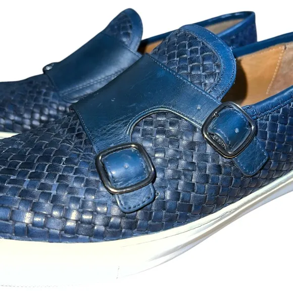 Massimo Dutti Men's Blue Double Monk Strap Woven Leather Loafers Size 11 Casual