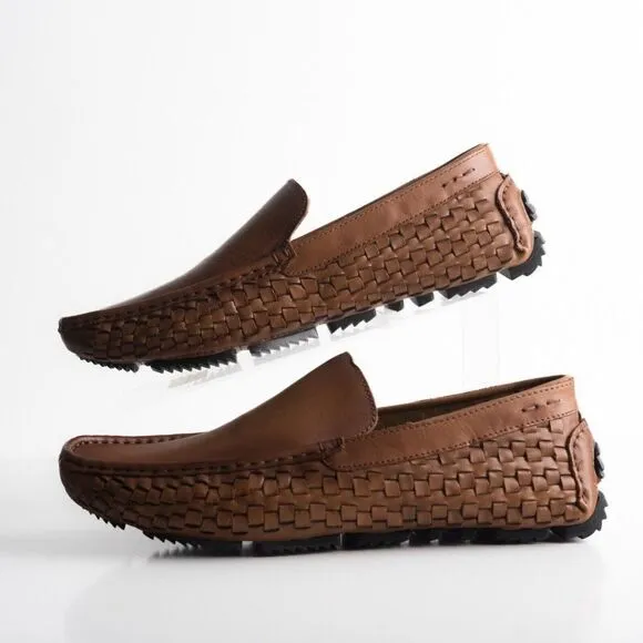 Massimo Matteo Firenze Men Driving loafers Havana Brown Leather woven US 9 EU 42