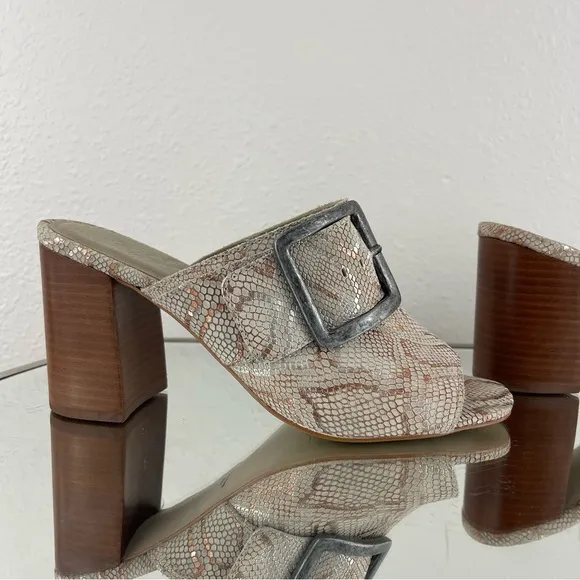 MATISSE Creme Tan Leather Beatrice Snakeskin Print Buckle Slip On Mule Sandals