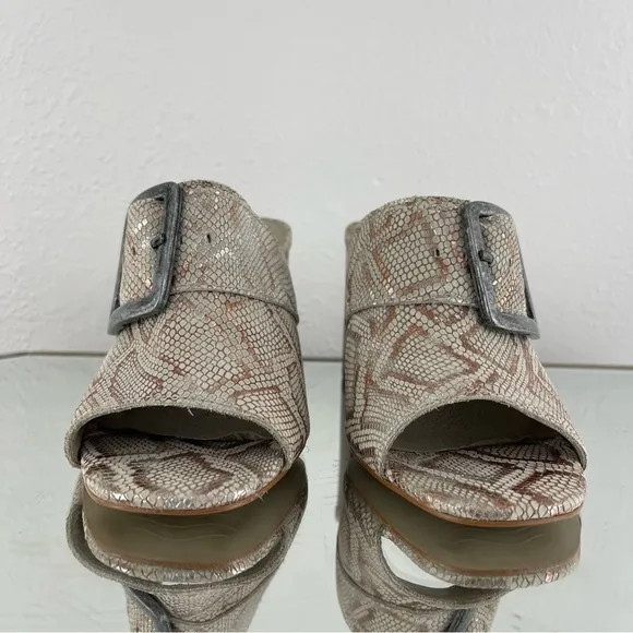 MATISSE Creme Tan Leather Beatrice Snakeskin Print Buckle Slip On Mule Sandals