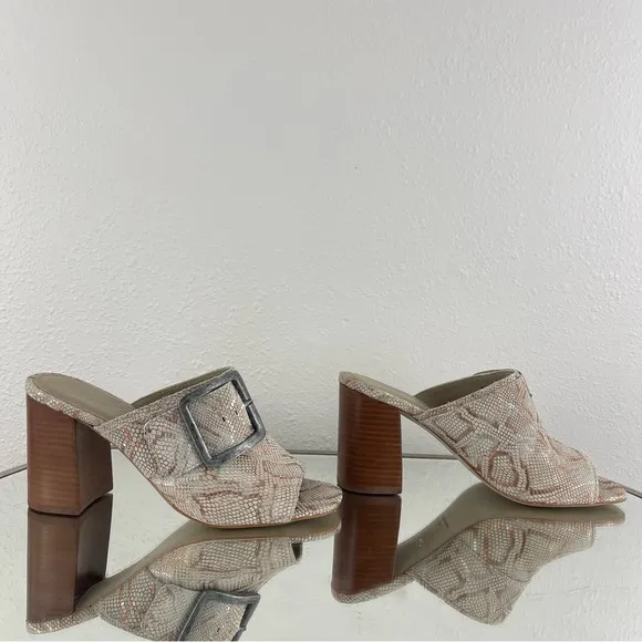 MATISSE Creme Tan Leather Beatrice Snakeskin Print Buckle Slip On Mule Sandals