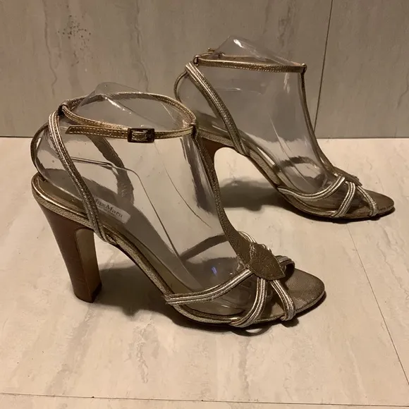 MaxMara Women’s Gold Slip On Ankle Strap Heeled Summer Sandals Size 7.5