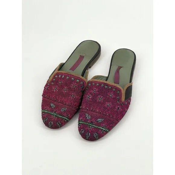 Meher Kakalia Pink Embroidered Beaded Slide Flats Mules Womens Size 36 EU 6 US