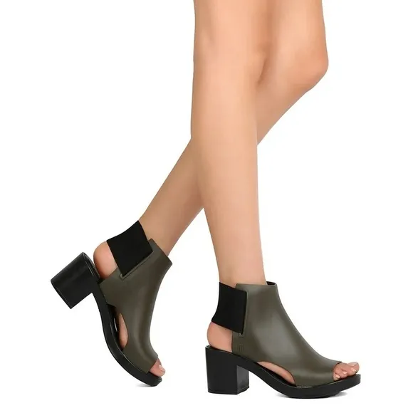 Melissa Elastic Dance Olive Green / Black Block Heel Sandals Peep Toe 8