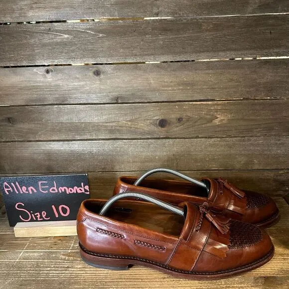 Mens Allen‎ Edmonds Cody Brown Leather Woven Tassel Fringe Loafers Size 10 D GUC