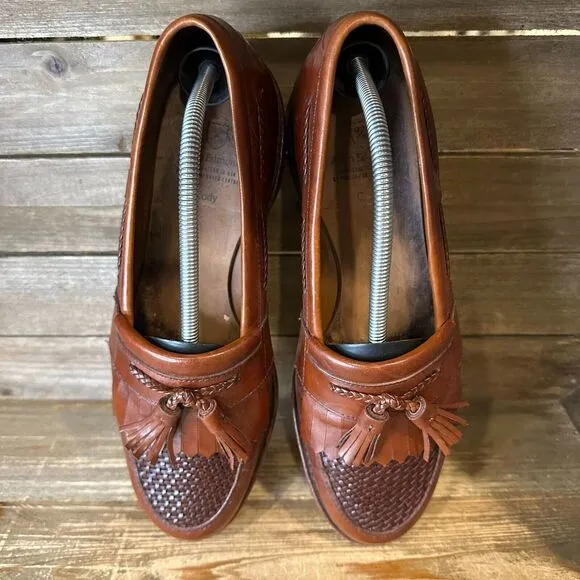Mens Allen‎ Edmonds Cody Brown Leather Woven Tassel Fringe Loafers Size 10 D GUC