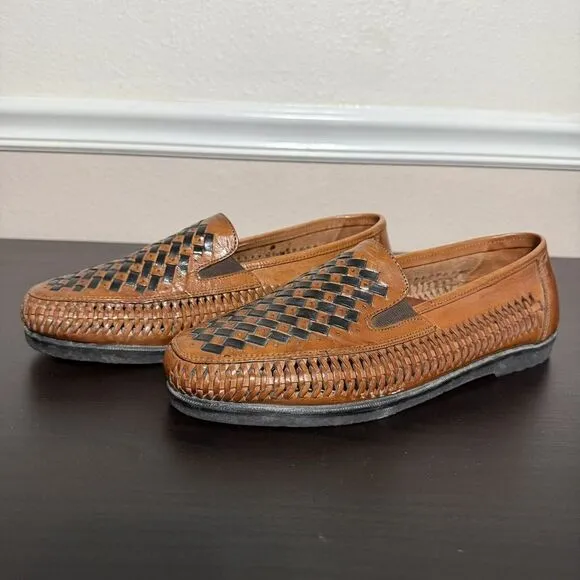 Men's Brown‎ Leather Woven Duke Haband Shoes Size 10 3E Huarache Slip On Loafers
