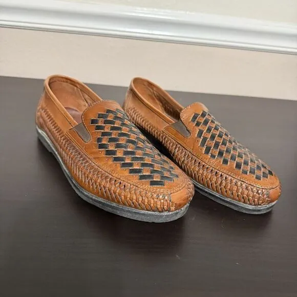 Men's Brown‎ Leather Woven Duke Haband Shoes Size 10 3E Huarache Slip On Loafers