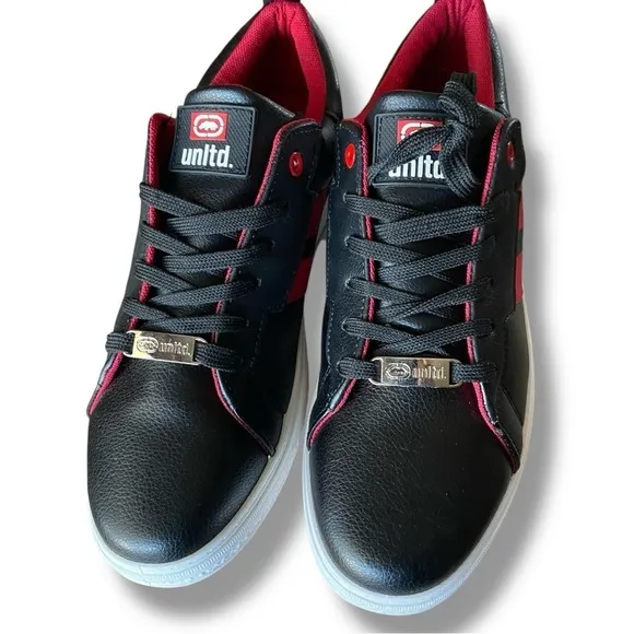 Men’s Ecko Unltd. Black &amp; Red Low-Top Streetwear Laced Leather‎ Sneakers