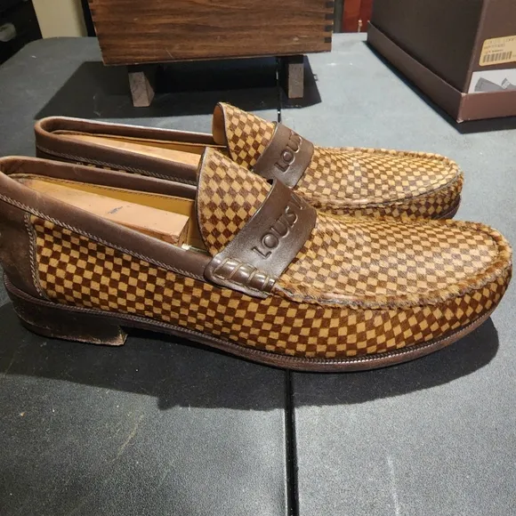 Men's Louis Vuitton Brown Damier Pattern Pony Hair Loafers Size 10
