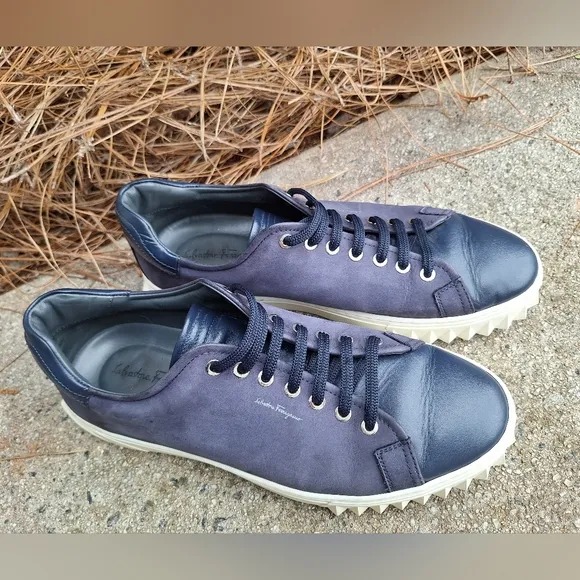 Men's Salvatore Ferragamo Blue Cube Leather Low-Top Sneakers