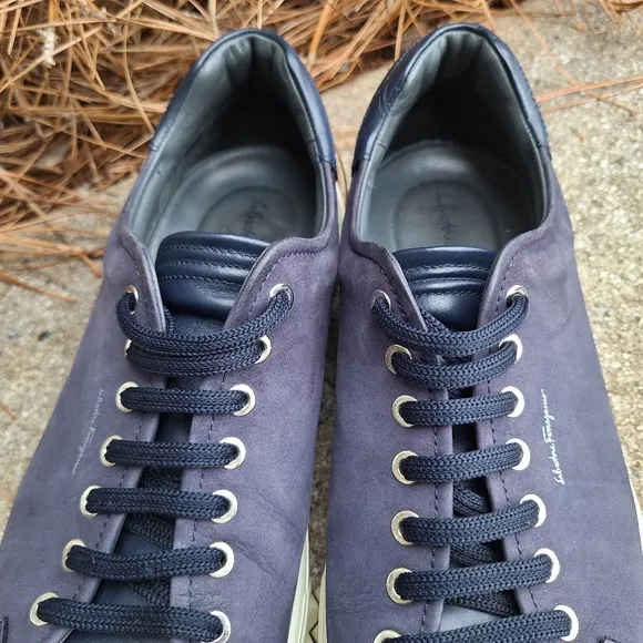 Men's Salvatore Ferragamo Blue Cube Leather Low-Top Sneakers