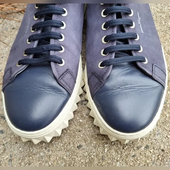 Men's Salvatore Ferragamo Blue Cube Leather Low-Top Sneakers