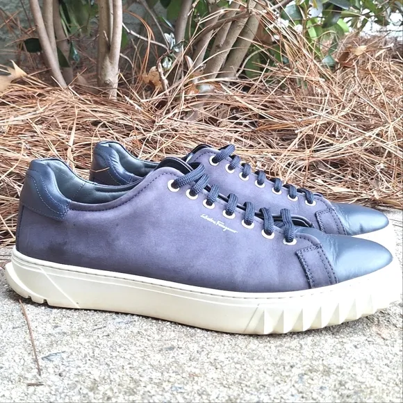 Men's Salvatore Ferragamo Blue Cube Leather Low-Top Sneakers