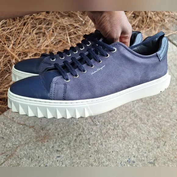 Men's Salvatore Ferragamo Blue Cube Leather Low-Top Sneakers