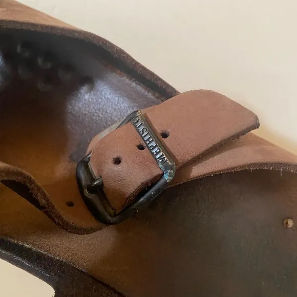MEPHISTO BROWN DOUBLE STRAP NUBUCK LEATHER CORK TERIE WEDGE SLIP ON SANDALS